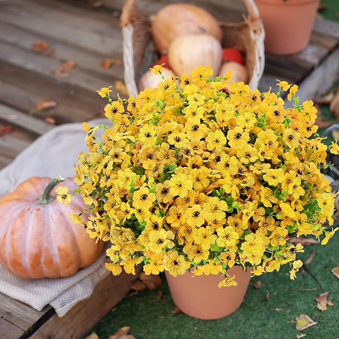 24 Bundles Artificial Flowers for Outdoors Decorations, Fake Flowers Artificial Plants Outdoor, Colorful Daisy Eucalyptus Realistic UV Resistant for Garden Patio Porch Home Decor, Yellow