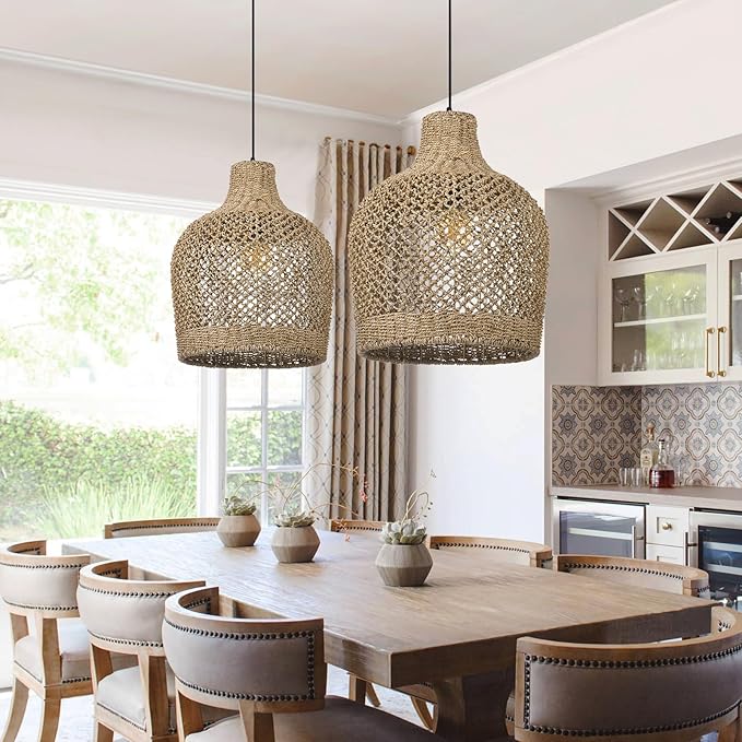 Arturesthome 1 Light Rattan Pendant Light Rattan Chandelier Handwoven Boho Coastal Pendant Lampshade Wicker Basket Ceiling Light Hanging Light for Dining Living Room D 15.7″* 19.6″