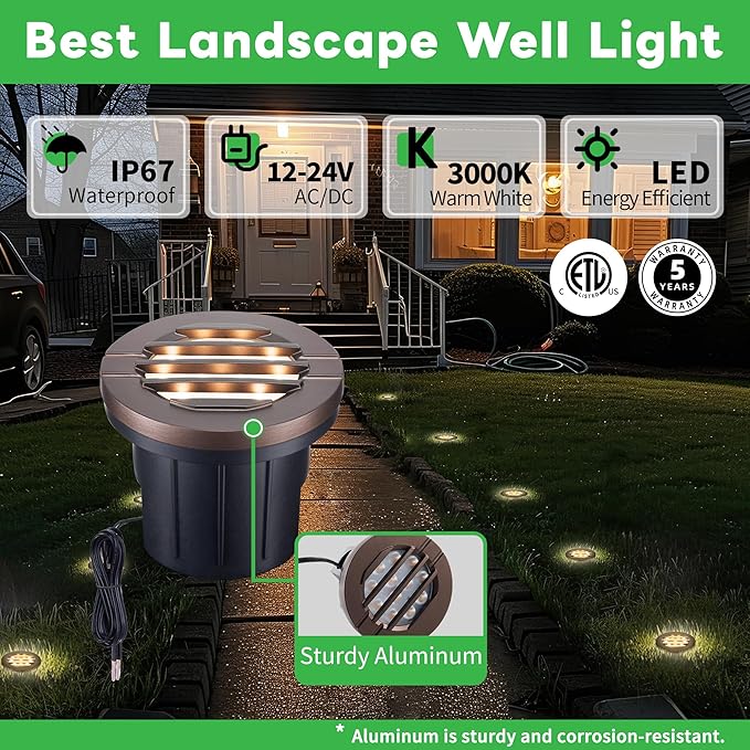 Ground Well Lights Kit, 12 Pack Landscape Low Voltage Inground Lights and 200W Transformer and 250FT Cable and 40 Wire Connectors, Outdoor Waterproof IP67 Aluminum for Backyard Wall 6W 350LM