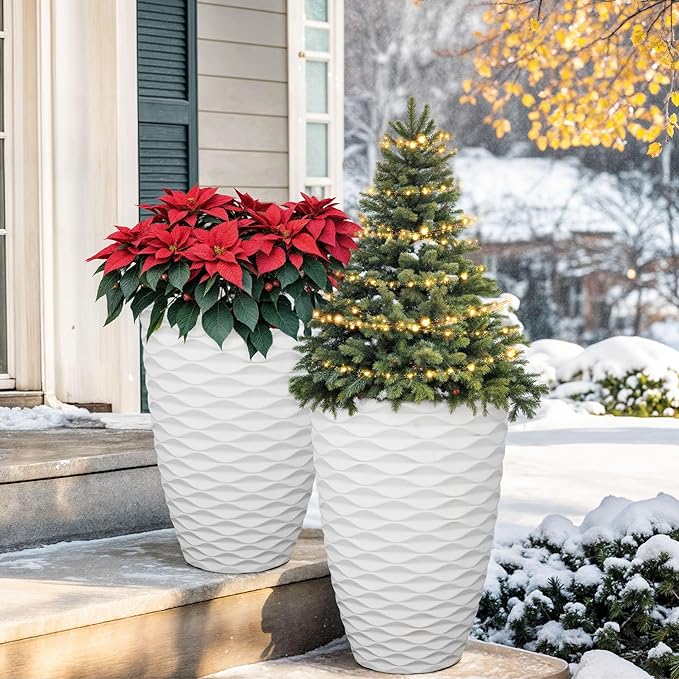 Planters for Indoor/Outdoor Plants (Set of 2), 19in Tall Large Garden Pots, Wavy Matte White Planter, Faux Ceramic Flower Pots, All-Weather Durable HDPE Plastic Plant Pot with Drainge Hole