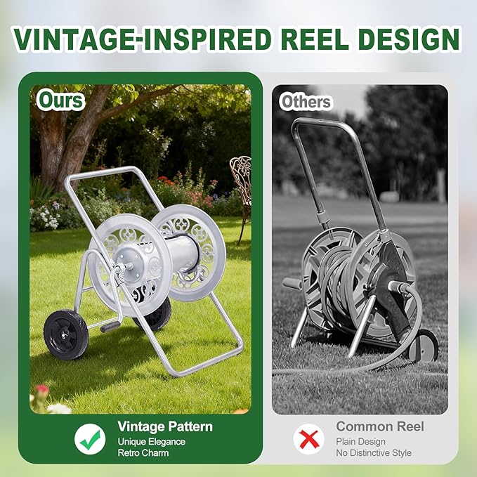 Outvita Hose Reel Cart, Hold up to 175 Ft of 5/8'', Garden Water Hose Reel Carts Mobile Tools with 2 Wheels, Heavy Duty Powder-coated, for Garden, Yard, Lawn, Outdoor(Silver)