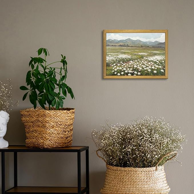 Framed Canvas Wall Art, Vintage Landscape Bathroom Wall Decor, Countryside Flower Field Classic Print Poster, Farmhouse Kitchen Oil Painting, large Artwork Living Room Home Decor 12x16 Inch