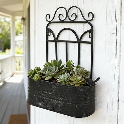 Rustic Metal Wall Planter Vintage Wall Mounted Flower Pot Distressed Wall Hanging Plant Basket Farmhouse Wall Decor for Indoor Outdoor Garden Home Yard (Black)