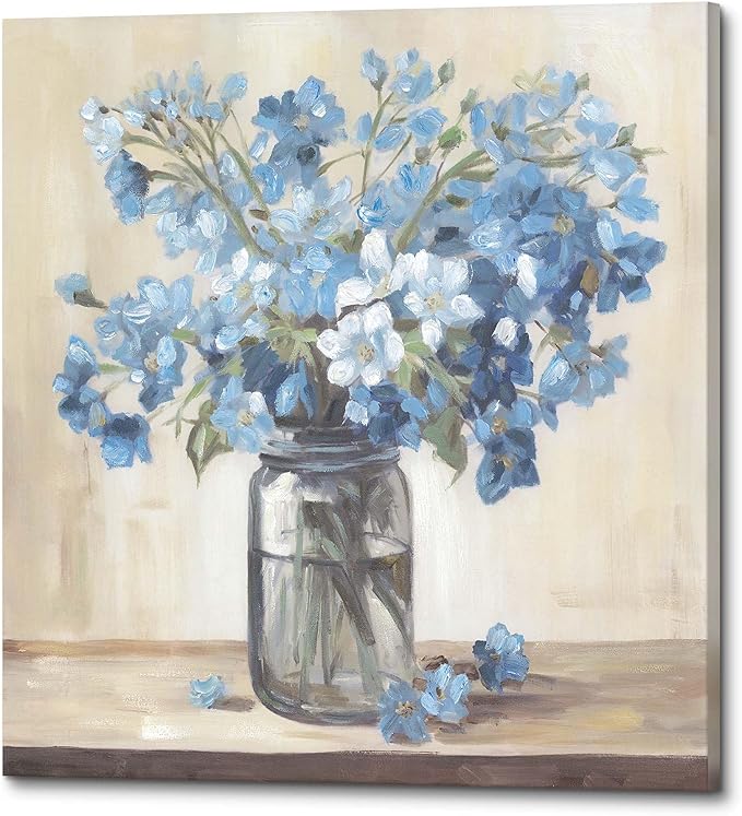 ArtSquare Blue Flower Pictures Wall Decor - Modern Floral Canvas Art Blossom in Vase Artwork Print for Living Room Bathroom 24x24 Inch