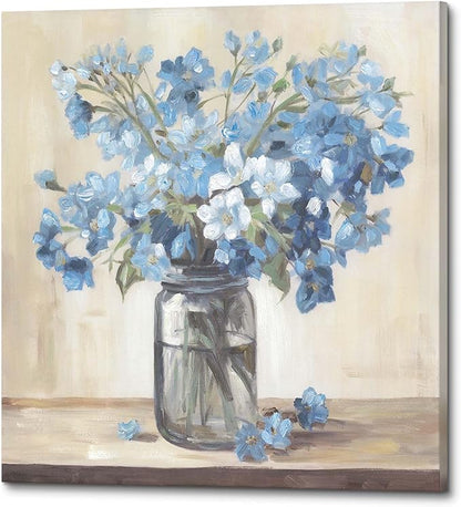ArtSquare Blue Flower Pictures Wall Decor - Modern Floral Canvas Art Blossom in Vase Artwork Print for Living Room Bathroom 24x24 Inch