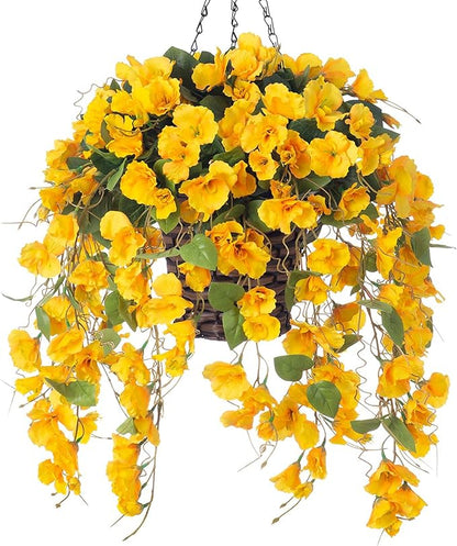 HyeFlora Artificial Hanging Flower Baskets for Spring Decoration, Outdoor Fake Plant Faux Silk Hibiscus Long Vines in Planter UV Resistant Realistic Flowers for Outside Porch Patio Home Decor, Yellow