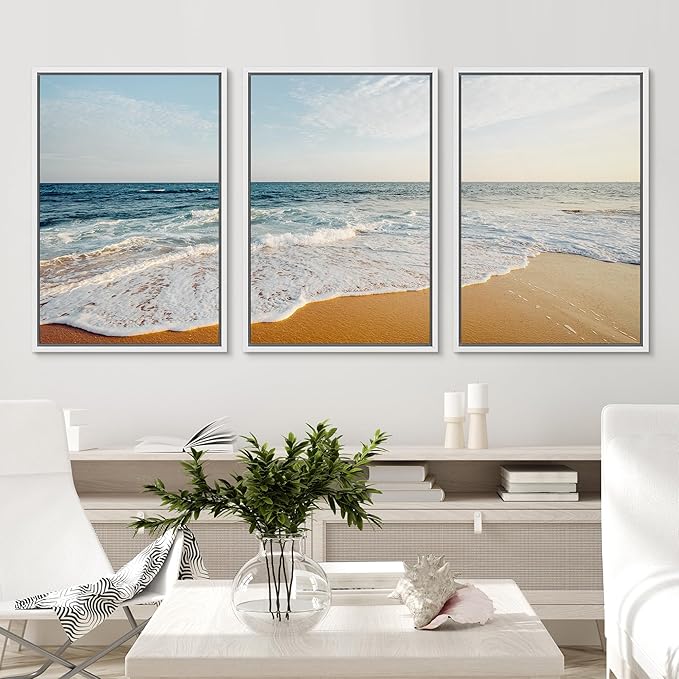Ashbrook Framed Canvas Print Wall Art Set Tropical Island Coastal Cottage Beach Shore Seascape Nature Wilderness Photography Decorative Nautical Calm/Relax/Cozy for Bedroom - 16"x24"x3 WHITE