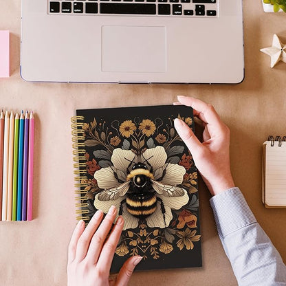 Vintage Bee Spiral Notebook, Retro Botanical Cottagecore Dark Honeybee Journaling Notebooks Gift for Teacher Women, Wildflower Plant Hardcover Journals for School Office, 160 Pages 5.5 x 8.3 Inch