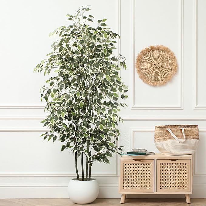 6 FT Artificial Ficus Tree 600 Leaves Faux Plants Indoor Tall with Black Pot Large Fake Tree for Home Office Living Room Decor