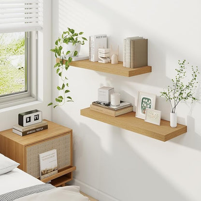 Fun Memories Floating Shelves for Wall, 30 Inch Rustic Wood Wall Mounted Shelves for Bathroom, Bedroom, Kitchen, Living Room, Deep Floating Shelves for Storage & Home Decor (Oak, Set of 2)