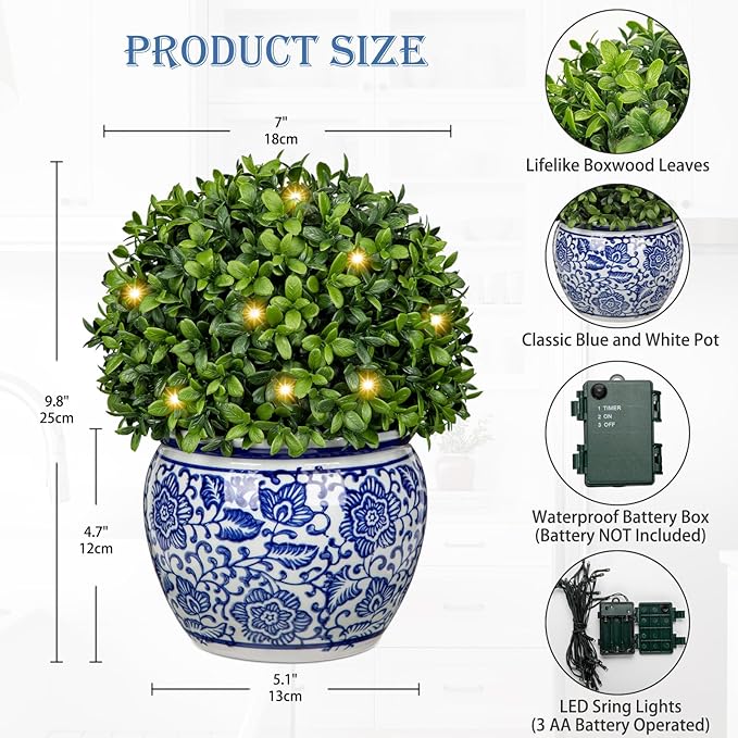 DILATATA Artificial Topiary Boxwood Ball in Blue and White Ceramic Pot, Lighted Artificial Boxwood in Planters 10 Inch Decorative Fake Greenery for Table Centerpiece Indoor Plant Home Decor - Medium