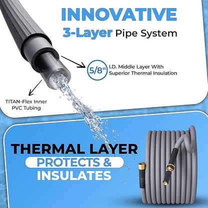 TITAN Garden Hose | Flexible, Lightweight, Kink-Free & Durable Hybrid Water Hose with Heavy Duty Brass Connectors & High-Pressure Jet Nozzle (75FT x 5/8”)