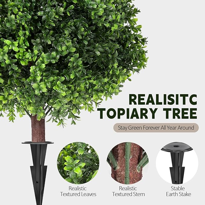 LadyRosian Artificial Boxwood Topiary Tree, 25 Inch 2 Set Outdoor Faux Boxwood Bush Plants,Indoor Ball Trees with Ground Spike, Fake Potted for Home Front Porch Decor Outside Garden