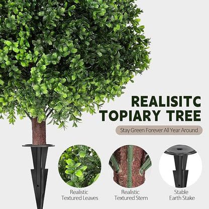 LadyRosian Artificial Boxwood Topiary Tree, 25 Inch 2 Set Outdoor Faux Boxwood Bush Plants,Indoor Ball Trees with Ground Spike, Fake Potted for Home Front Porch Decor Outside Garden