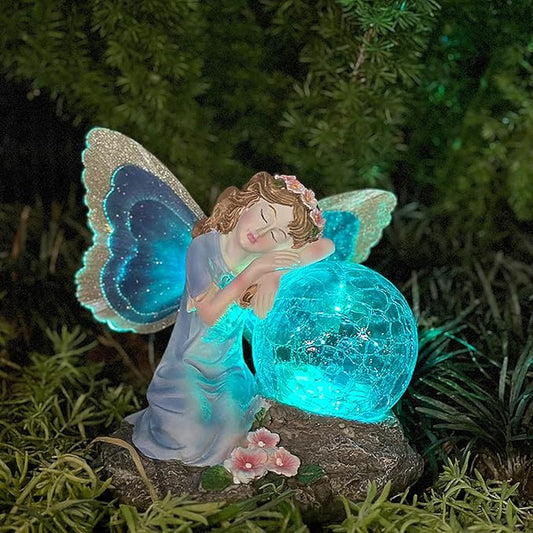 Solar Fairy Garden Statue with Cracked Glass Ball & Glowing Wings, Waterproof Outdoor Fairy Decor for Yard, Patio, Lawn – Ideal for Garden Lovers & Holiday Giving (7.67x6.69 Inches Blue)