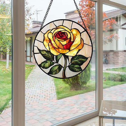 Stained Glass Window Hanging - Elegant Yellow Rose Flower Sun Catcher for Door Garden Home Decor Suncatcher Christmas Mother's Day Birthday Gifts for Women Mom Girl Nana Friend 9.8 in