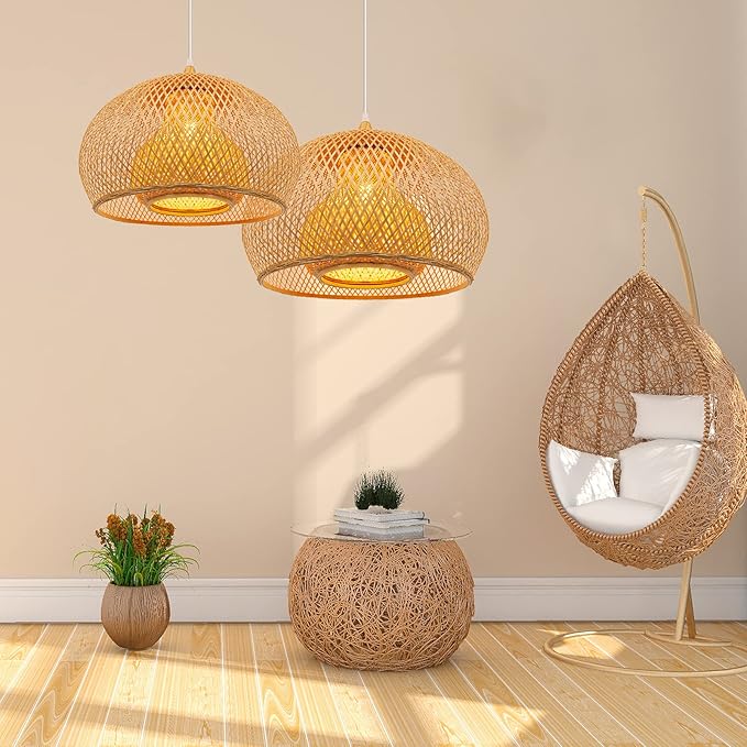 Arturesthome 1 Light Weaving Bamboo Pendant Light for Kitchen Island, Wicker Chandelier,Handmade Woven Hanging Ceiling Light Lampshade for Living Room Bedroom