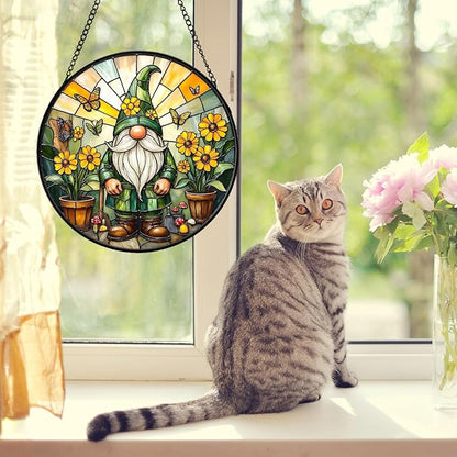 Stained Glass Window Hanging, Gnome in Garden Sun Catcher for Indoor Window Decoration with Flower & Butterfly, Stained Glass Home Decor Gift for Women and Men G02 (6.3'')