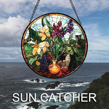 Stained Glass Window Hanging Berry Plant Purple Yellow Flowers in Vase Large 11.8" - Suncatcher Door Garden Sun Catcher Home Decor Birthday Christmas for Mom Men Woman Nana