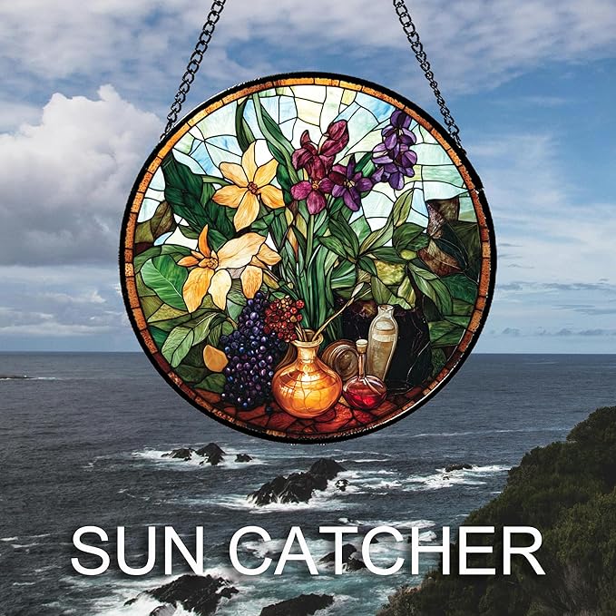 Stained Glass Window Hanging Berry Plant Purple Yellow Flowers in Vase 9.8" - Suncatcher Door Garden Sun Catcher Home Decor Birthday Christmas for Mom Men Woman Nana