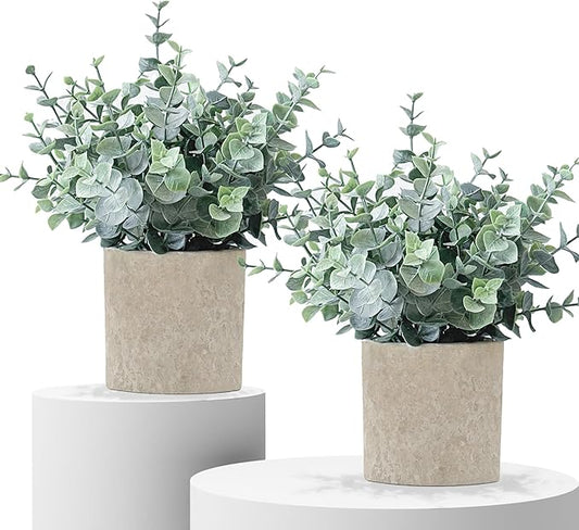 2 Pack Fake Plants Eucalyptus Small Potted Artificial Plants Indoor Greenery for Shelf Desk Home Bathroom Modern Farmhouse Living Room Coffee Table Decor