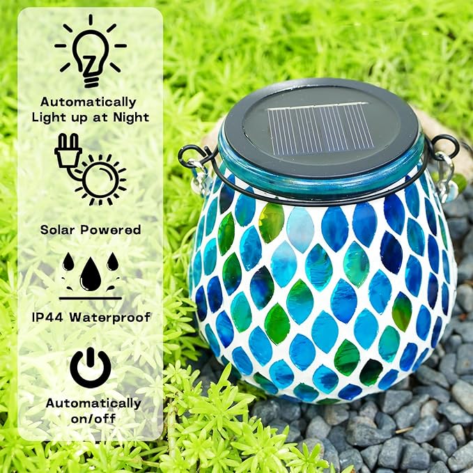 2 Pack Mosaic Blue Solar Lanterns, Outdoor Glass Hanging Lights, Waterproof, Solar Table Lamps, Christmas Gifts for Women Mom Grandma, Night Lights, Decoration for Garden, Patio, Yard, Outdoor Decor