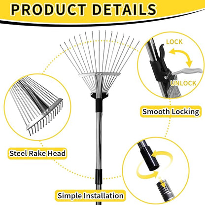 2 Pack Garden Rake for Leaves,Heavy Duty Metal Adjustable Leaf Rake for Lawns,Long Handle 33"-69" with Expandable Head 8"-15",Garden Tools for Yard Lawn Shrub Garden Beds