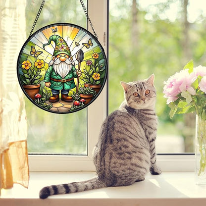 Stained Glass Window Hanging, Gnome in Garden Sun Catcher for Indoor Window Decoration with Flowers & Butterflies, Stained Glass Home Decor Gift for Women and Men G01 (6.3'')
