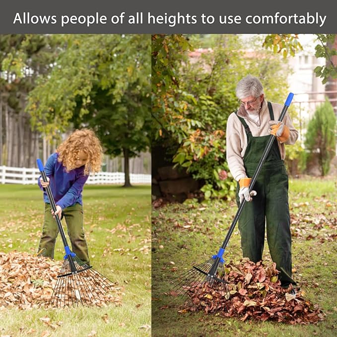 Metal Rake for Leaves Heavy Duty, Adjustable Garden Leaf Rake with Expandable Head 8-17", Shrub Pine Needle Kids Hand Yard Rake Garden Tool