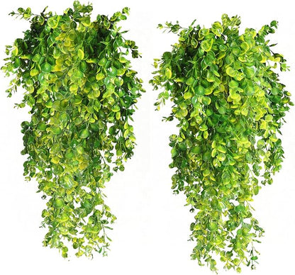 RECUTMS 4 Pack Artificial Plants Artificial Hanging Plants Faux Eucalyptus Leaf Greenery Fake Hanging Eucalyptus Plant for Wall House Room Patio Indoor Outdoor Home Shelf Office Decor (Yellow)