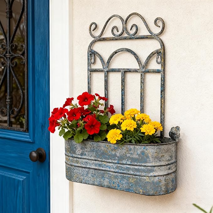 Rustic Metal Wall Planter Country Garden Wall Hanging Mount Vase Pocket Outdoor Vintage Hanging Pot Farmhouse Wall Decor for Plants Flowers (Blue)