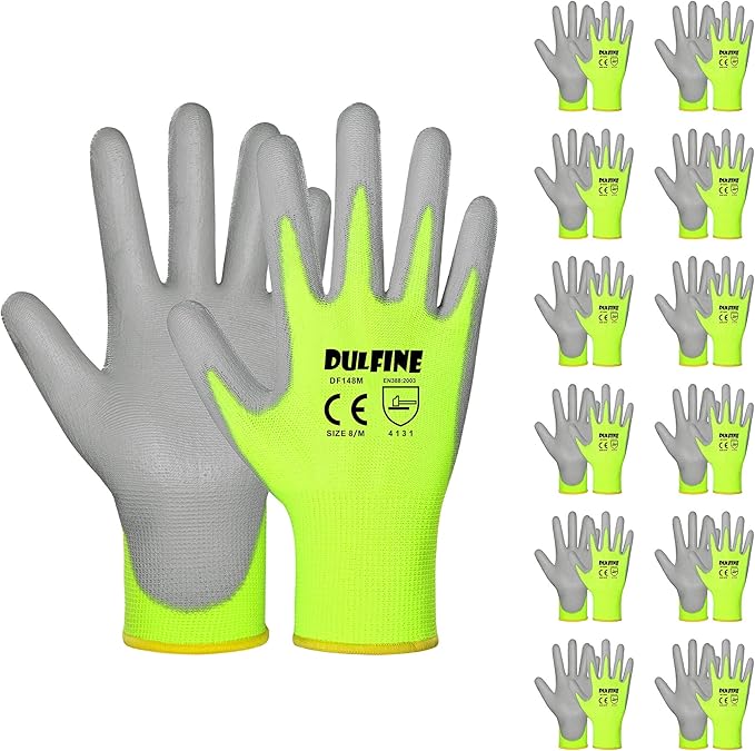 Safety Work Gloves for Men PU Coated 12 Pairs Bulk Pack,Hi-Vis Yellow Seamless Knit Glove with thin Polyurethane Coated Smooth Grip on Palm & Fingers,Ideal for General Duty Work (Small)