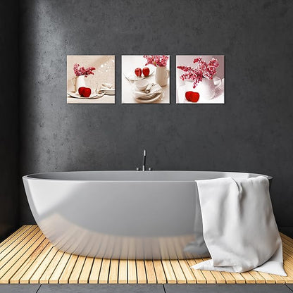 TEKMENT Red Apple Wall Art for Kitchen, SZ Flower Bowl and Dish Canvas Prints Decor for Dining Room (Waterproof Artwork, Bracket Mounted Ready to Hang)