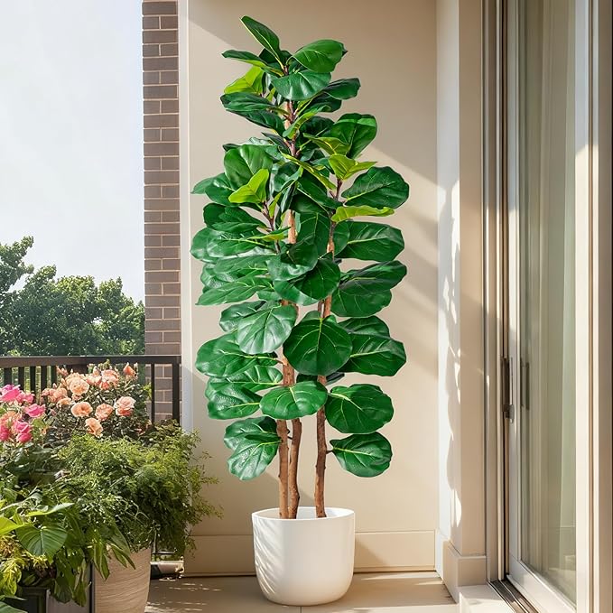 Artificial Fiddle Leaf Fig Tree 5FT, Faux Fig Tree Indoor with Natural Wood Trunk & Realistic Leaves with Moss Pot Fake Ficus Tree Large Faux Floor Plant for Living Room Home Decor, House Plant