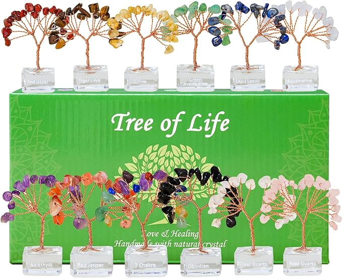 Runyangshi 12 Pcs Crystal Tree Set with K9 Glass Base - Chakra Healing Money Trees for Desk Decor, Home, Office, Positive Energy, Good Luck Gifts for Women, Mom, Birthday, Housewarming