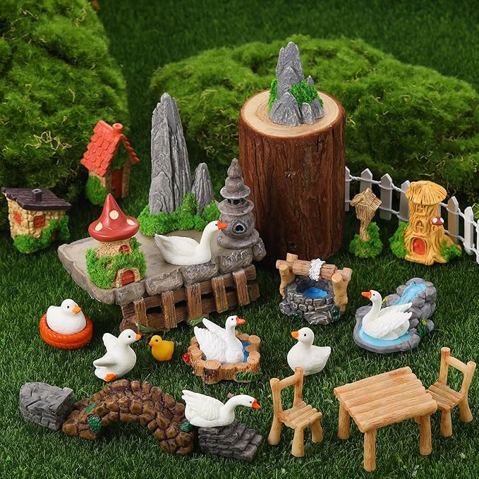 35 Pcs Fairy Garden Accessories Miniatures Garden Kit with Resin Duck, Mushroom House & Bridge Miniature Accessories for Terrarium, Dollhouse & Outdoor Decor