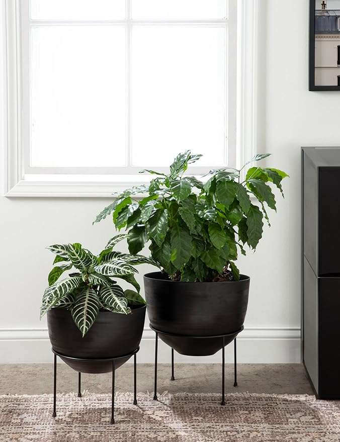 Kate and Laurel Navara Modern Two-Piece Round Metal Planter Set; 2 Piece Set; Black; Planters for Indoor Plants with Engraved Texture and Size for Large Plants