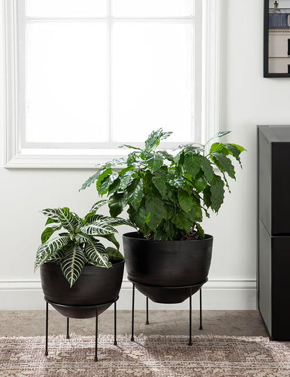Kate and Laurel Navara Modern Two-Piece Round Metal Planter Set; 2 Piece Set; Black; Planters for Indoor Plants with Engraved Texture and Size for Large Plants