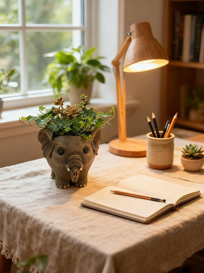 Elephant Planter Pot for Succulents, 6.7inch Resin Flower Pot with Drain Hole, Cute Animal Decor, Unique Gift for Christmas, Birthday, Mom, Housewarming (Brown)