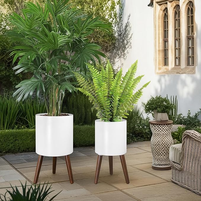 Plant Pot with Stand, Planters for Indoor Plants, Set of 2 Size Planter Pots, Modern Planter with Stand for Living Room, Office, Garden or Balcony, White, 10"&12"