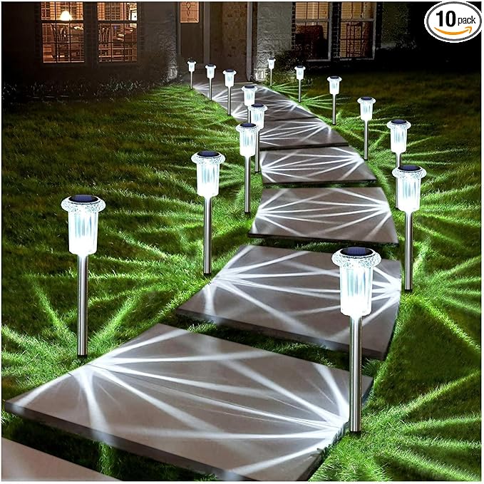 DenicMic Solar Lights Outdoor 10 Pack Waterproof Solar Christmas Lights Outdoor 6000K Cold White LED Stainless Steel Stake for Pathway Yard Garden Driveway Outside Decor