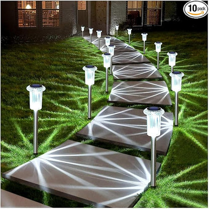 DenicMic Solar Lights Outdoor 10 Pack Waterproof Solar Christmas Lights Outdoor 6000K Cold White LED Stainless Steel Stake for Pathway Yard Garden Driveway Outside Decor