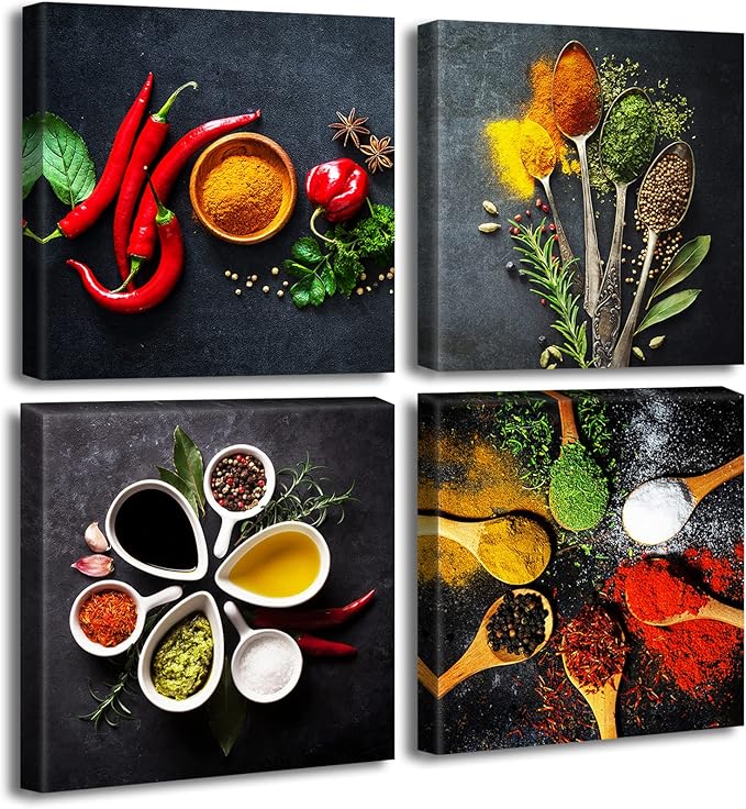 Kitchen Wall Decor Colorful Spices Seasoning Spoon Canvas Wall Art Vintage Painting Picture for Modern Home Dining Room Contemporary Artwork Decoration Stretched and Framed Ready to Hang 12"X12"X4