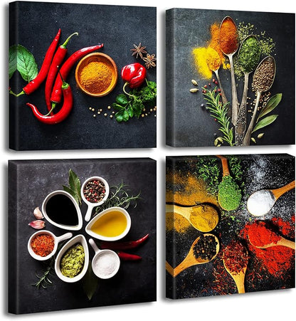 Kitchen Wall Decor Colorful Spices Seasoning Spoon Canvas Wall Art Vintage Painting Picture for Modern Home Dining Room Contemporary Artwork Decoration Stretched and Framed Ready to Hang 12"X12"X4