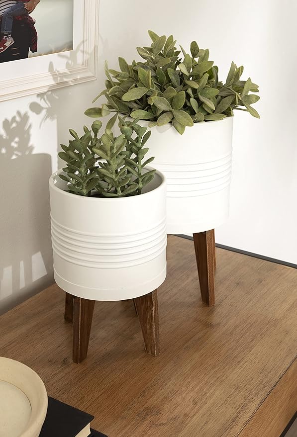 Kate and Laurel Gavri Rustic Farmhouse Metal and Wood Tabletop Planter Set; 2 Piece; White; Decorative Metal Planter Centerpiece for Table