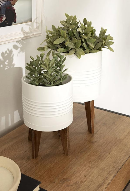 Kate and Laurel Gavri Rustic Farmhouse Metal and Wood Tabletop Planter Set; 2 Piece; White; Decorative Metal Planter Centerpiece for Table