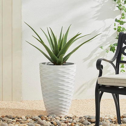 Glitzhome 19" H Large Planters for Outdoor Plants, Set of 2 Large Flower Pots with Drainage Holes, Round Faux Ceramic Wave Textured, White Tall Planters for Porch Garden Indoor Outdoor Use