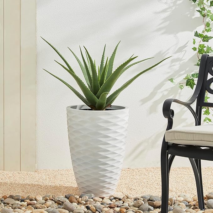 Glitzhome Oversized Planters Set of 2,Tall Flower Pots with Drainage Hole,19" H Faux Ceramic Wave Textured White Planter,Large Planters for Outdoor Plants,Outdoor Planter for Front Porch Patio Deck
