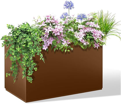 Tall Rectangular Planter Box, Metal Large Planters for Outdoor Plants, Flowers, with Drainage Holes (30" L x 12" W x 24" H, Brown)
