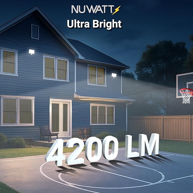 NUWATT 30W LED Flood Light, 3CCT 3000K/4000K/5000K Selectable, IP65 Waterproof Lighting, Adjustable Knuckle Mount, 4200LM, 0-10V Dimmable, 120-277V, Outdoor Security Floodlight for Yard, White, UL
